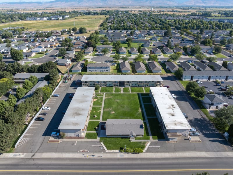 Aerial view of the Campus Village property and surrounding Ellensburg neighborhood