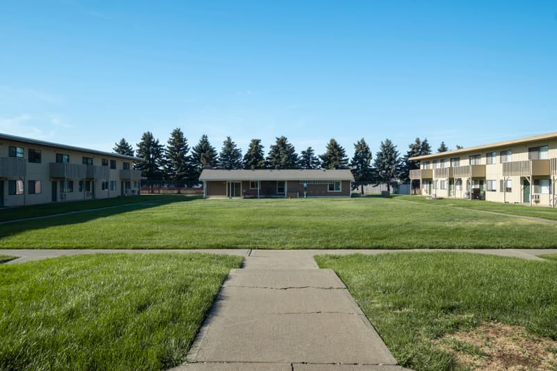 Exterior walkway between buildings at Campus Village