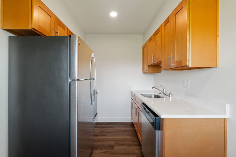 Fully renovated kitchen in a two bedroom apartment at Campus Village